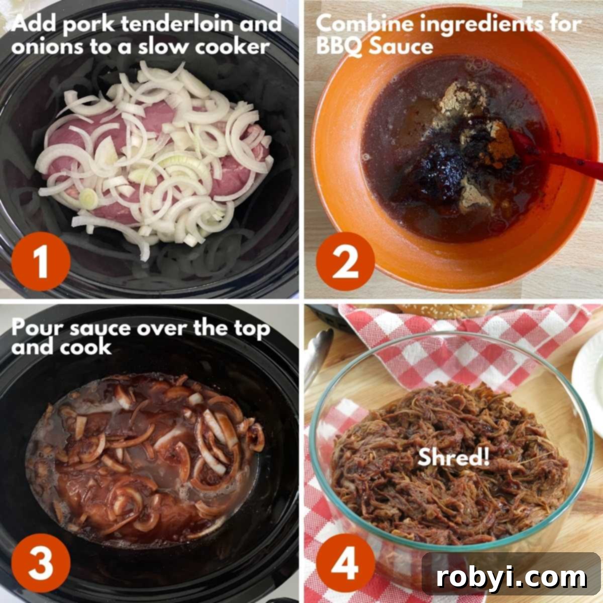 Sweet and Tangy Blackberry Slow Cooker Pulled Pork Tenderloin 4 Collage of numbered pictures to make the recipe: 1) pork and onions in slow ccoker, 2) bowl with sauce 3) sauce in slow cooker 4) cooked and shredded pork in bowl.