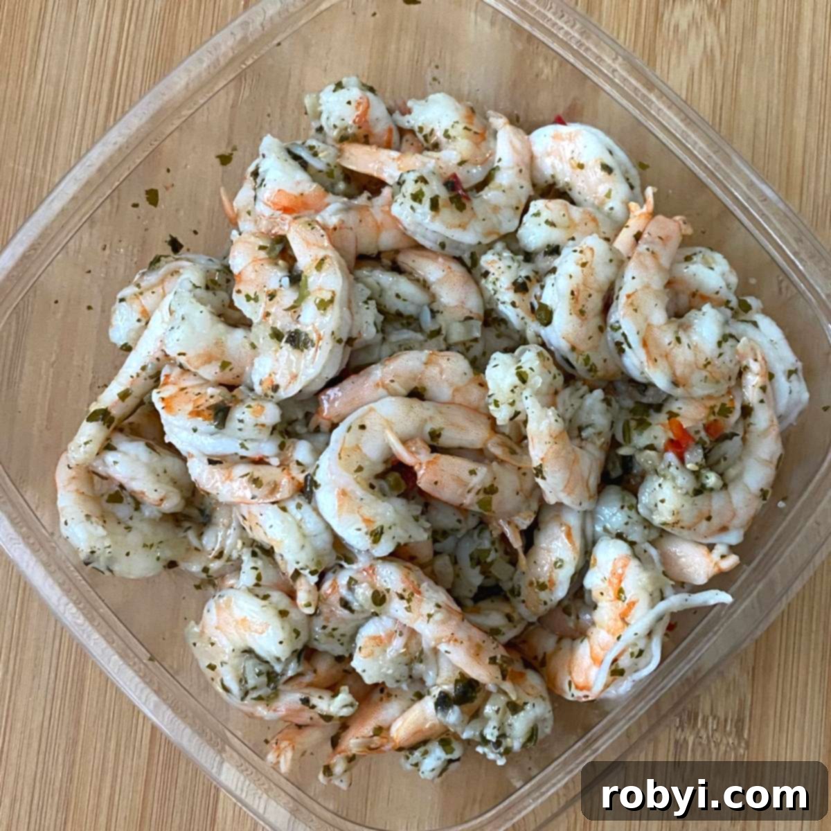 Open package of Costco's cilantro lime shrimp, showing the pre-cooked product.