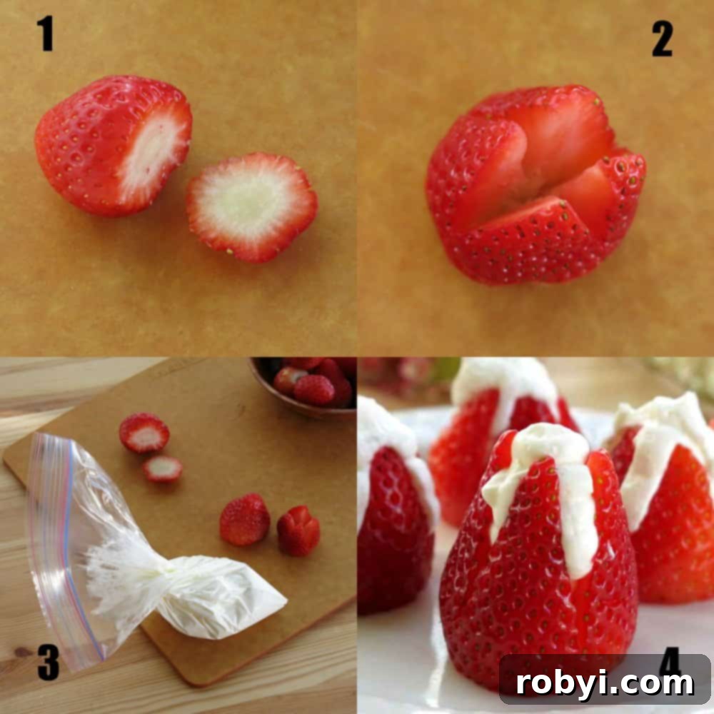 4 pictures showing steps to make cheesecake stuffed strawberries like a flower.