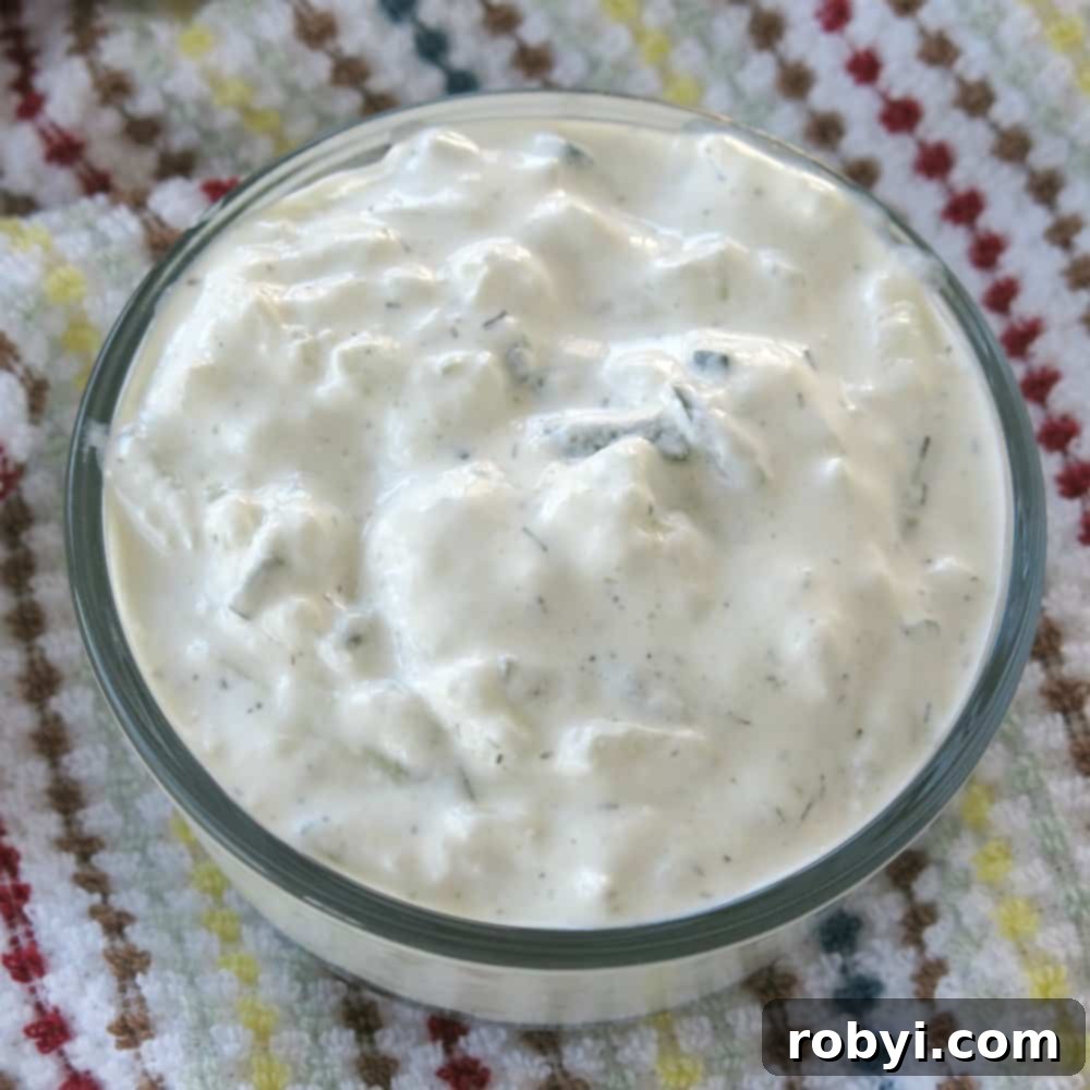 Homemade Tzatziki sauce in small bowl.