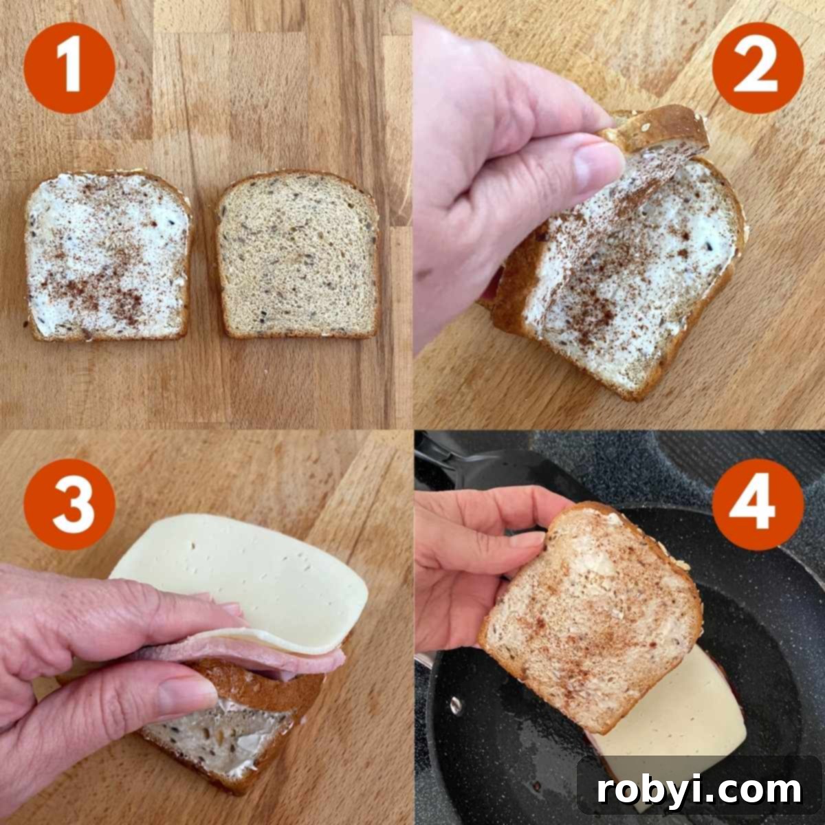 Monte Cristo Grilled Cheese: Sweet, Savory, and Jam-Stuffed 3 A four-panel collage showing the preparation steps for Monte Cristo Grilled Cheese: 1) spreading butter on bread, 2) two buttered bread slices placed butter-sides facing, 3) layering ham and cheese over jam, 4) placing the sandwich in a hot skillet for grilling.