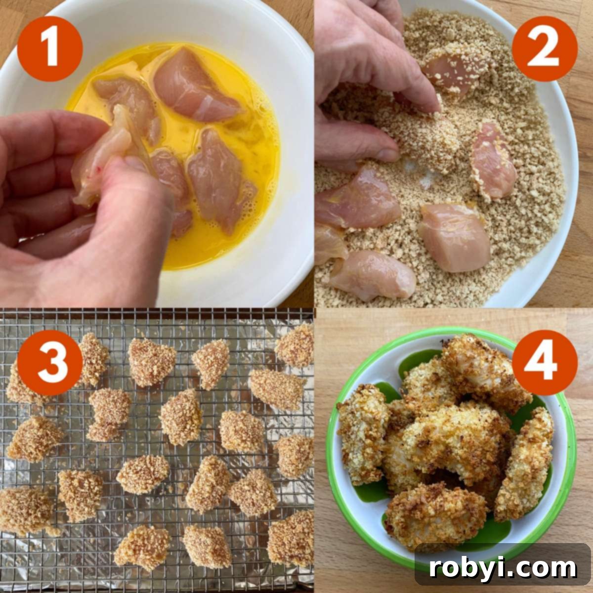 Collage of directions to make breaded chicken nuggets: 1) chicken dipped in egg, 2) chicken rolled in panko breadcrumb mixture, 3) breaded nuggets on wire rack over a sheet pan, 4) cooked chicken nuggets in a bowl.