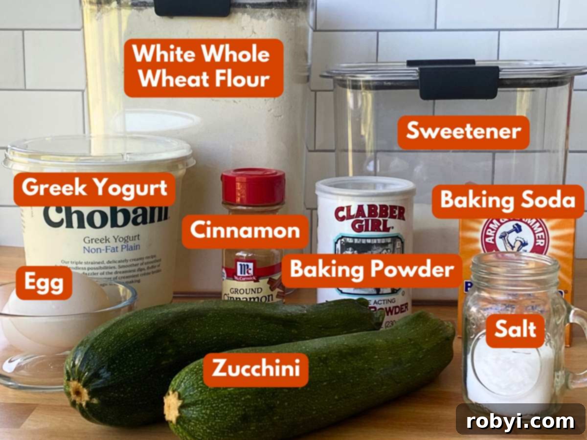 Collage of ingredients to make healthy zucchini muffins: zucchini, white whole wheat flour, egg, sugar, Greek yogurt, cinnamon, baking powder, baking soda, salt.