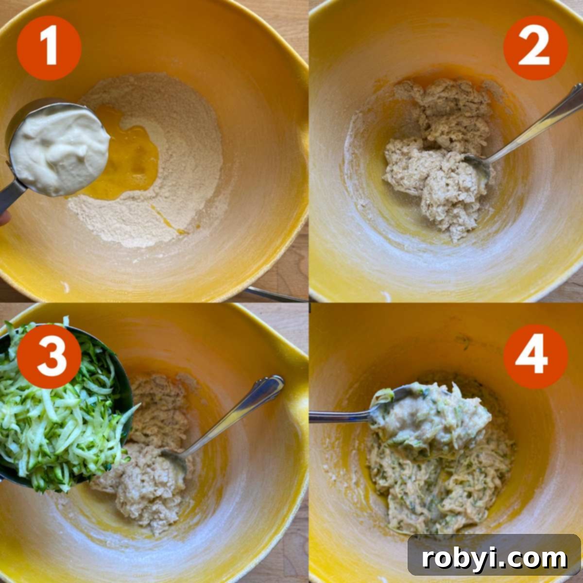 Collage of steps to make healthy zucchini muffins: 1) Yogurt being added to bowl with egg and dry mix. 2) Wet and dry ingredients mixed. 3) Zucchini shreds being added to bowl. 4) Spoon lifting batter out of the bowl