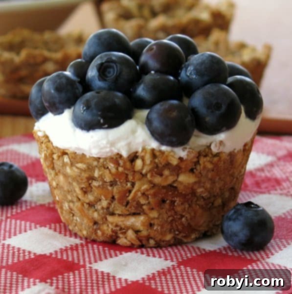 No-Bake Mini Cheesecakes topped with blueberries in a pretzel cup, showcasing a delicious and simple dessert