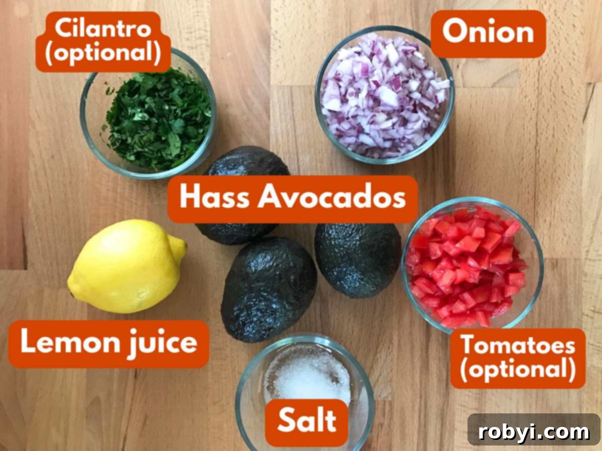 Collage of ingredients to make guacamole: 3 Hass avocadoes, lemon, salt, diced onion. Diced tomatoes and cilantro listed as optional.