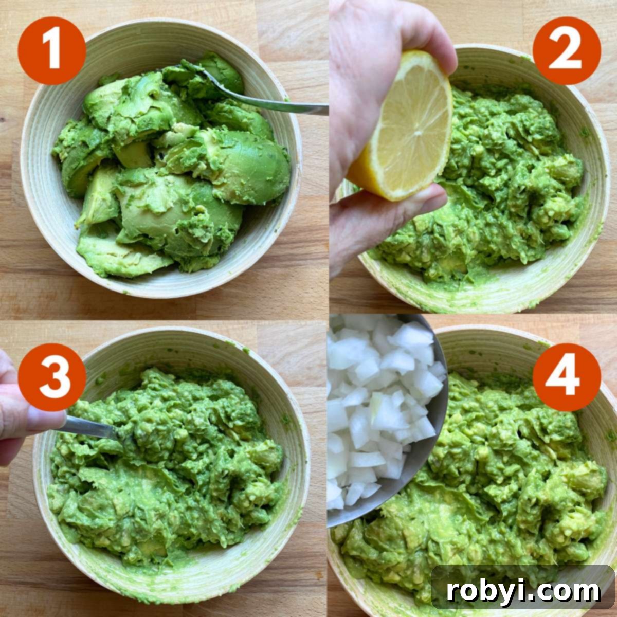 Numbered collage of pictures to make 4-ingredient guacamole recipe: 1) Flesh of avocadoes in bowl, 2) lemon being squeezed over avocado flesh, 3) fork mashing avocado, 4) onions being added to bowl.