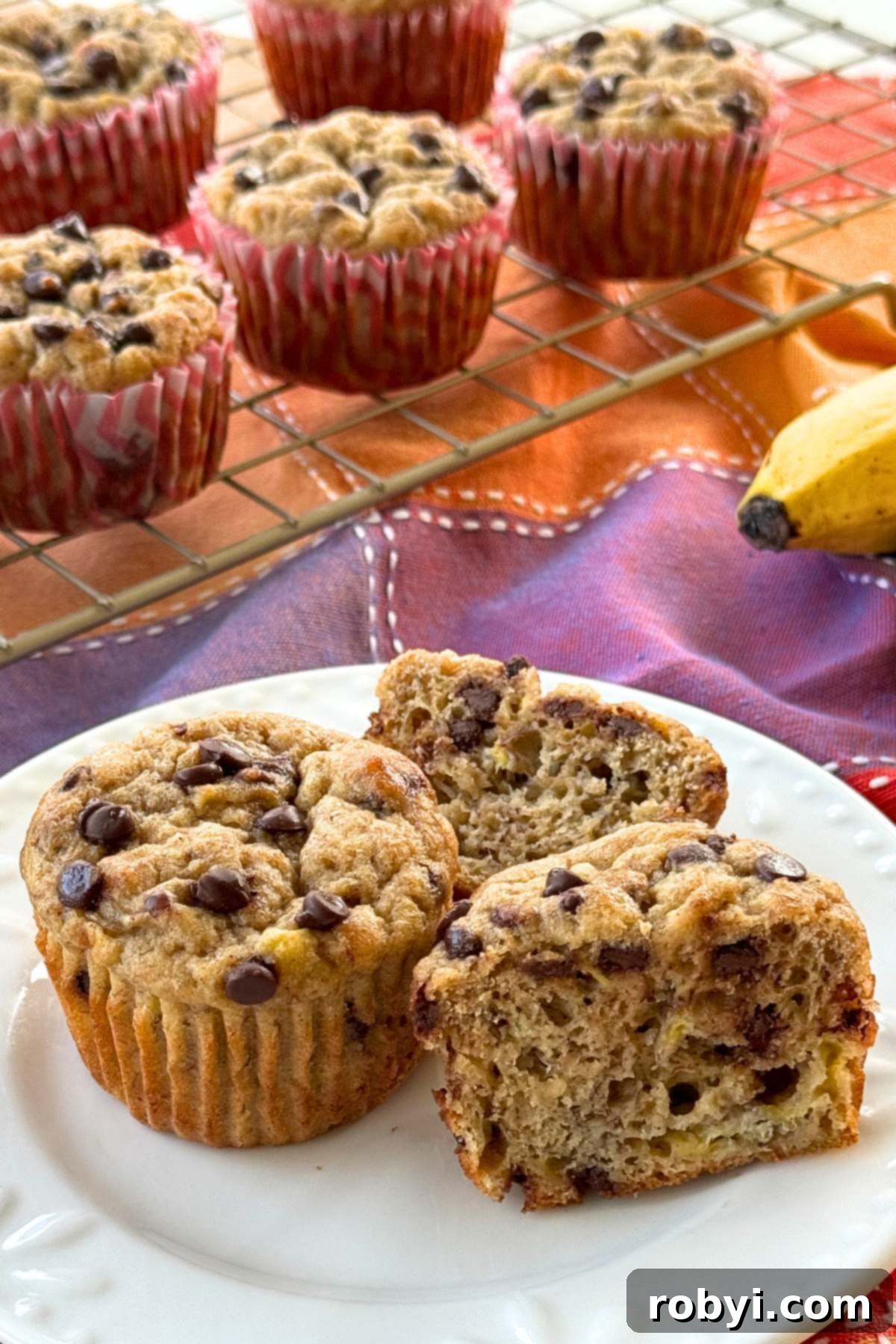 Two healthy banana muffins with chocolate chips on a white plate, one is cut in half, with more on a cooling rack behind it, showing the moist interior.