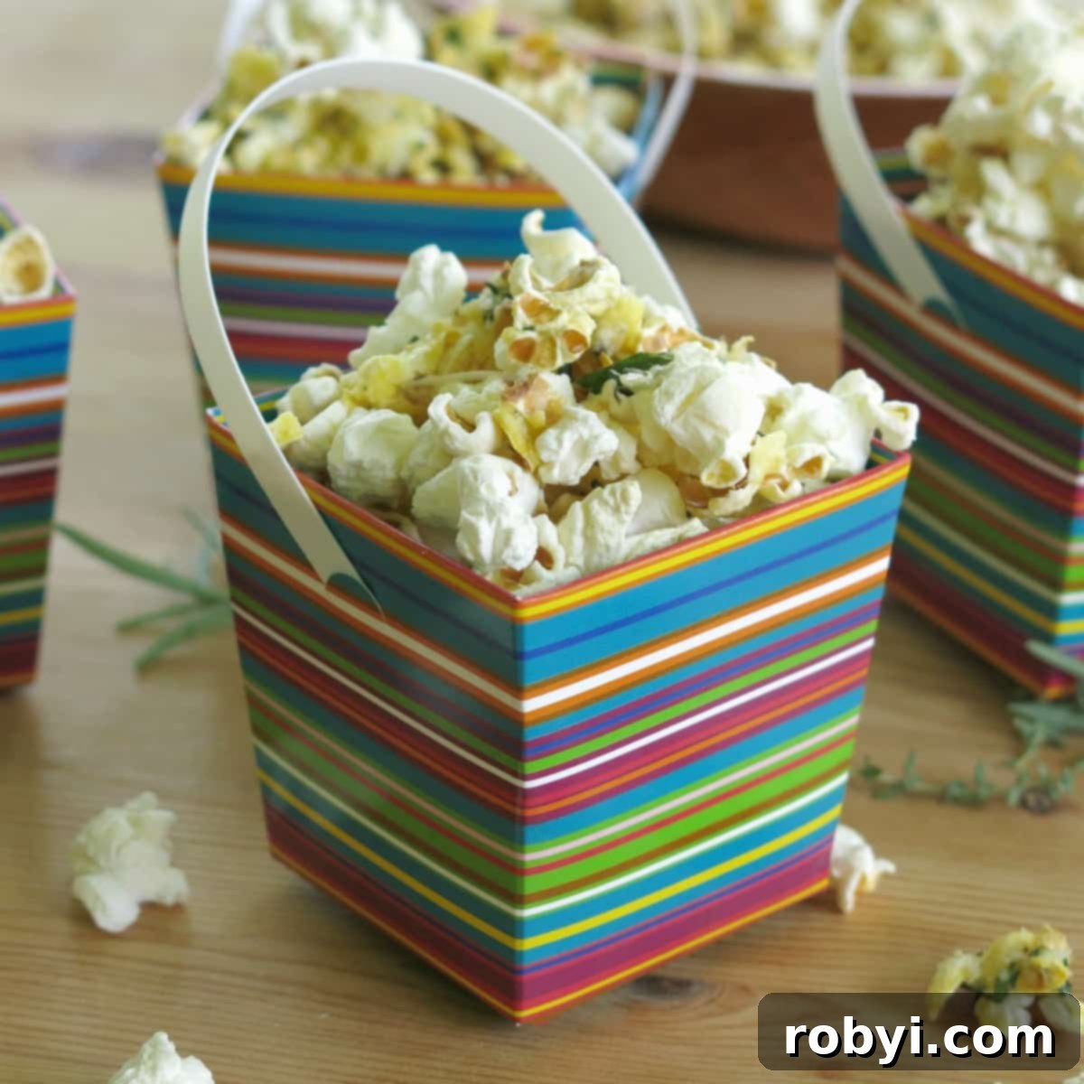 Savory popcorn topped with Parmesan cheese and fresh herbs in serving box.