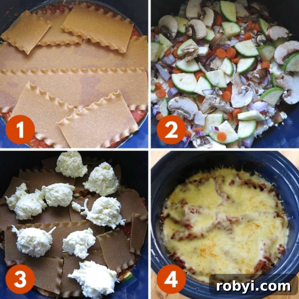 Collage of 4 main steps in slow cooker lasagna recipe. 1) Broken lasagna sheets in crock-pot. 2) Layer of zucchini, mushrooms, onions. 3) Cheesy ricotta mixture in balls 4) Cooked lasagna in slow cooker.