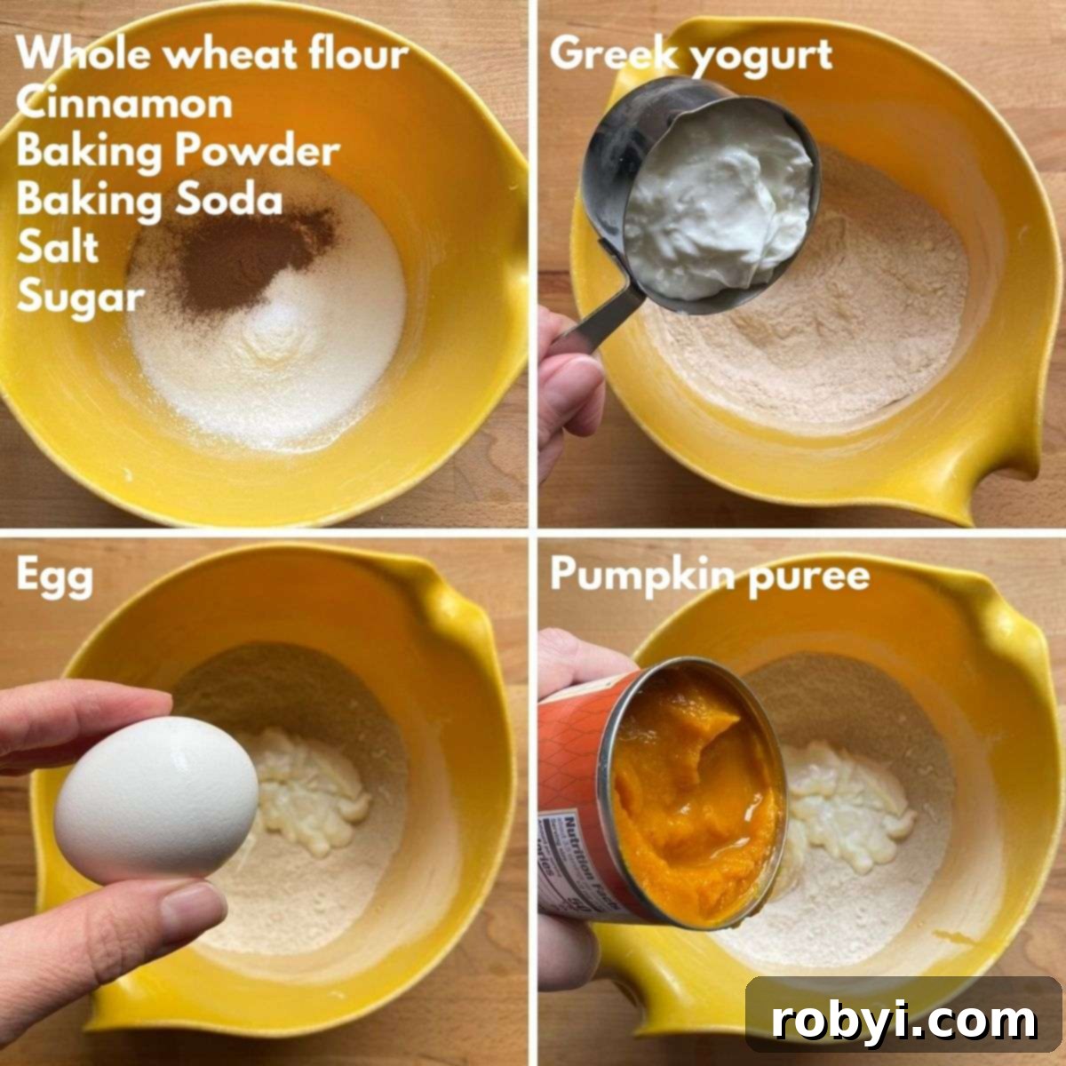 A vibrant collage displaying the fresh, wholesome ingredients used in the healthy pumpkin muffin recipe, including pumpkin puree, Greek yogurt, whole wheat flour, and spices.
