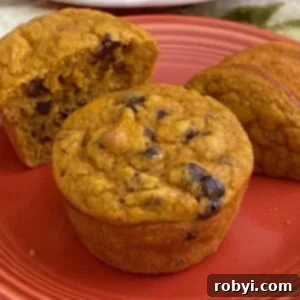 Two healthy Greek yogurt pumpkin muffins on a plate with one cut in half, showcasing a delicious, moist interior.