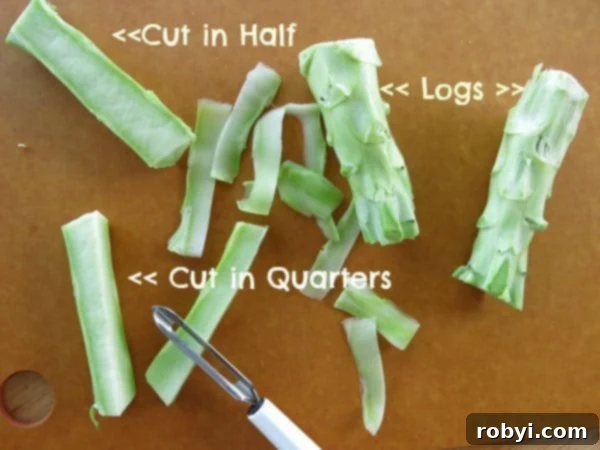 A graphic illustrating how to cleanly cut broccoli stalks and then use a vegetable peeler to create thin, noodle-like ribbons.