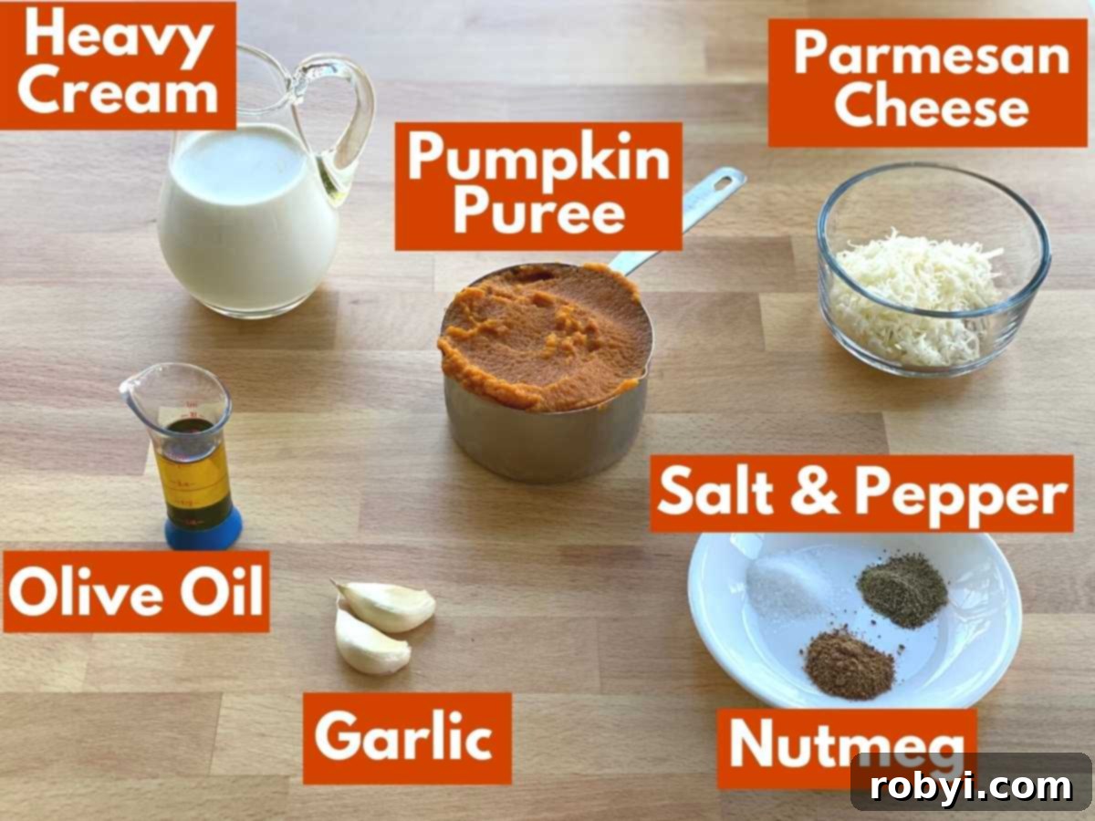 Velvety Pumpkin Pasta Sauce 3 Labeled ingredients for making creamy pumpkin pasta sauce, including pumpkin puree, heavy cream, garlic, olive oil, and spices.