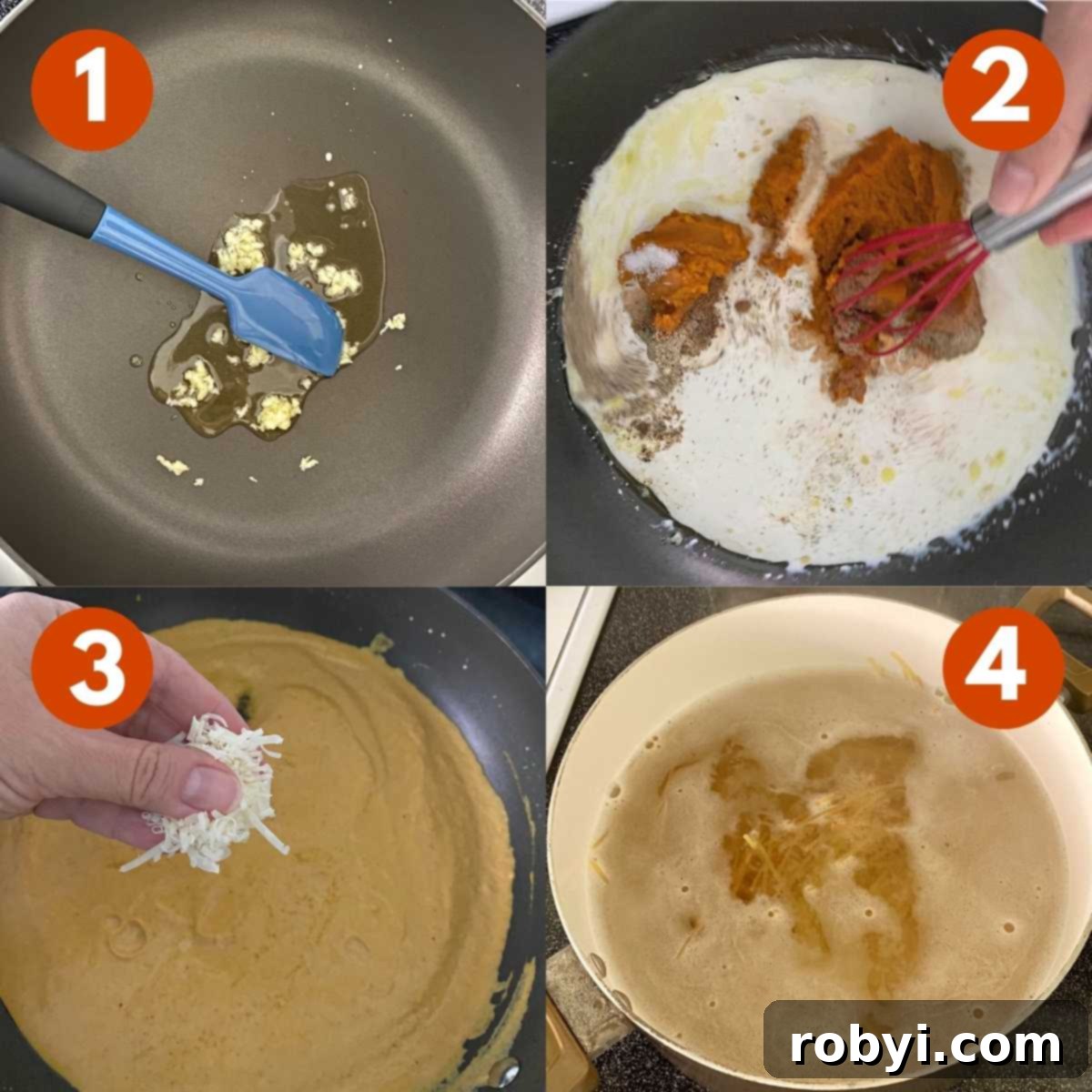 Velvety Pumpkin Pasta Sauce 4 Numbered steps to make creamy pumpkin pasta sauce, showing each stage of cooking.