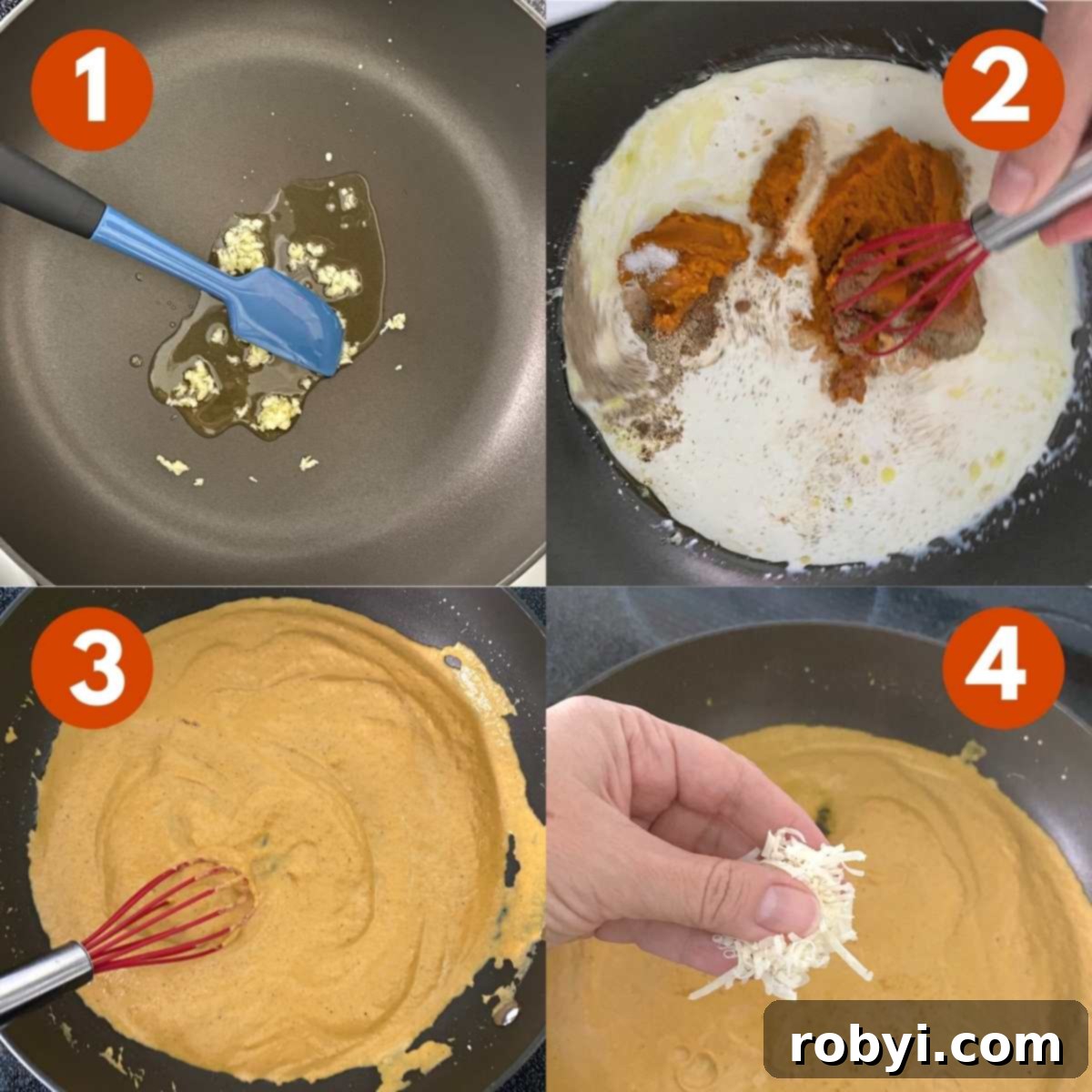 A visual guide showing the numbered steps involved in preparing the creamy, smooth pumpkin pizza sauce, from sautéing garlic to simmering.