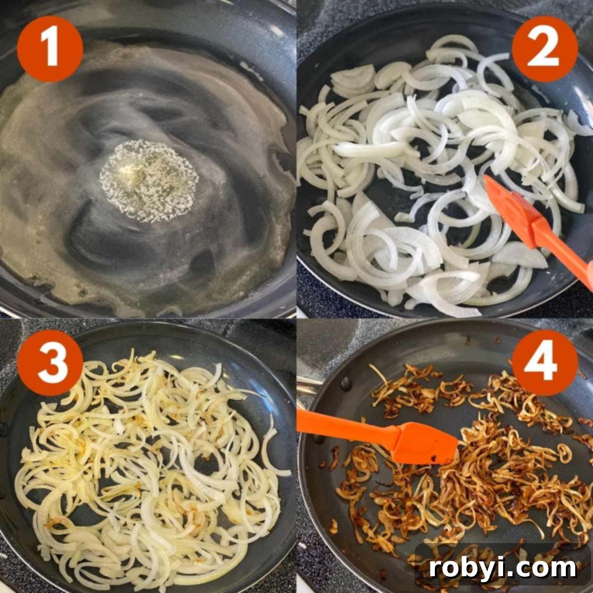 A sequential series of numbered pictures illustrating the process of caramelizing onions on the stovetop, from raw slices to golden-brown perfection.