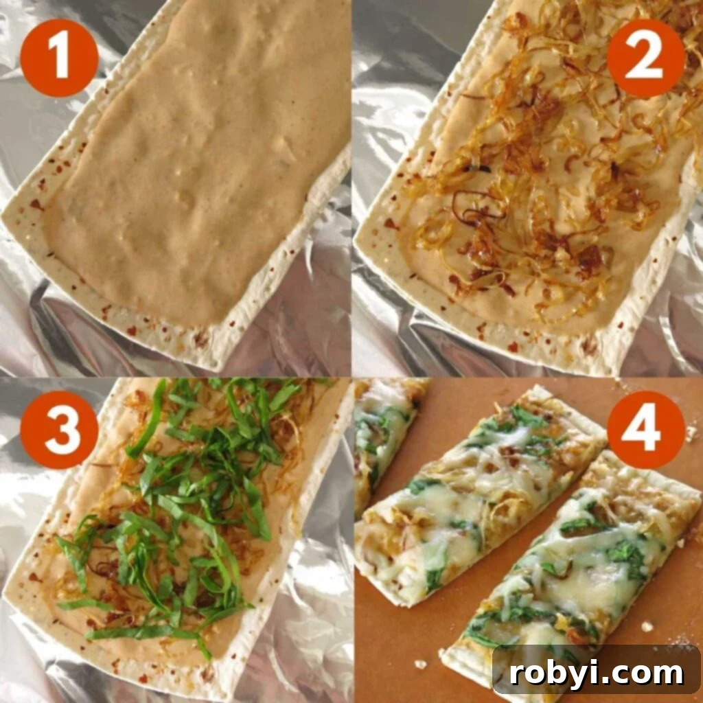 A visual step-by-step guide illustrating the assembly process of a flatbread pumpkin pizza, from spreading sauce to layering toppings.