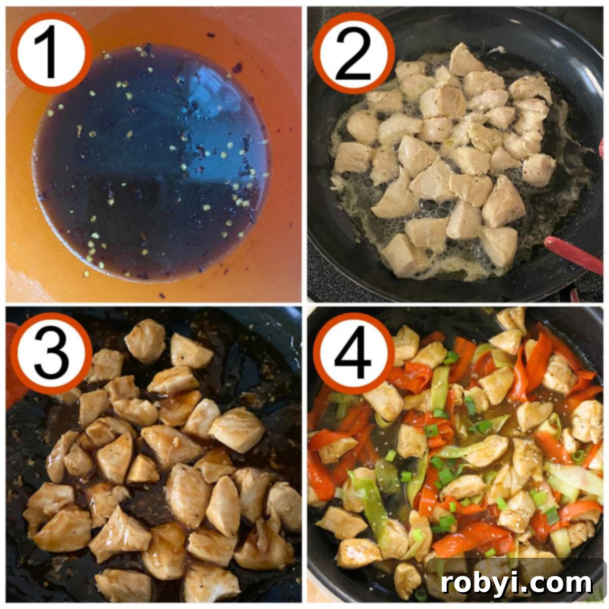 Fiery Orange Glazed Chicken 3 Collage showing steps for making spicy orange chicken: sauce in a bowl, raw chicken in a skillet, cooked chicken in a skillet, and finished dish with vegetables and sauce.