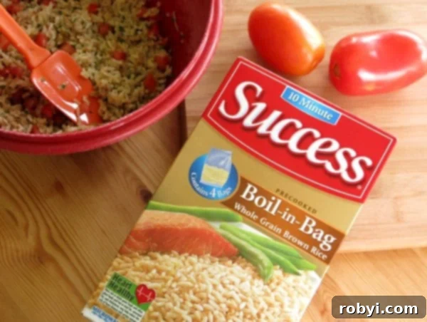 Easy Four Ingredient Rice Stuffed Tomatoes 3 Box of Success Boil-In-Bag Brown Rice, illustrating convenience