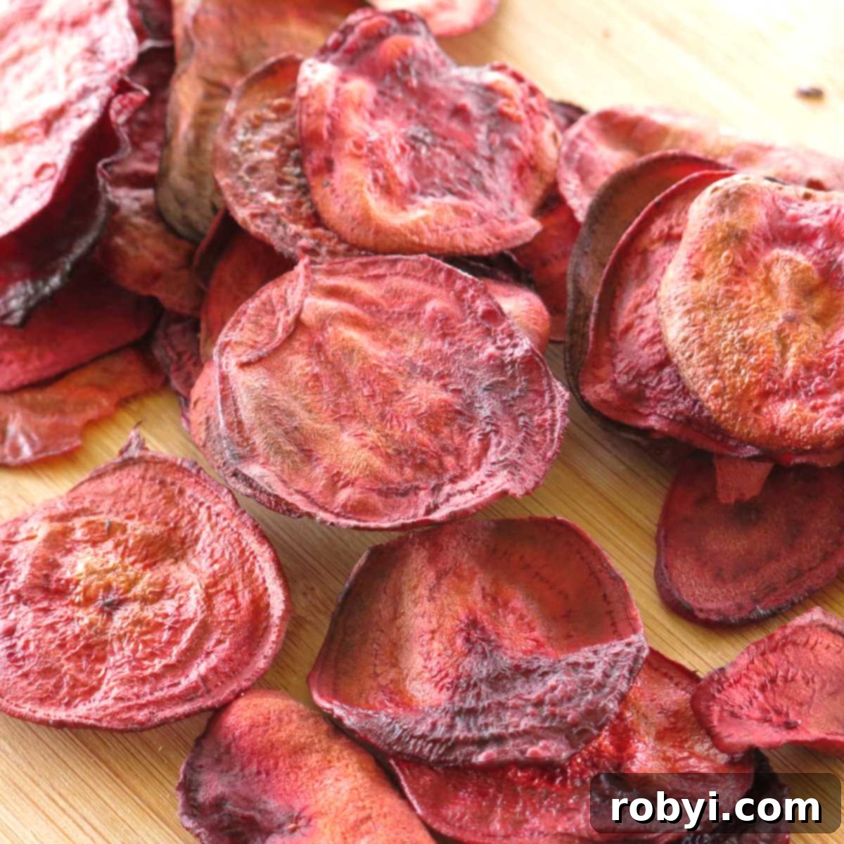 A scattering of perfectly oven-baked beet chips, golden and crisp, is artfully displayed on a rustic serving board, ready to be enjoyed.