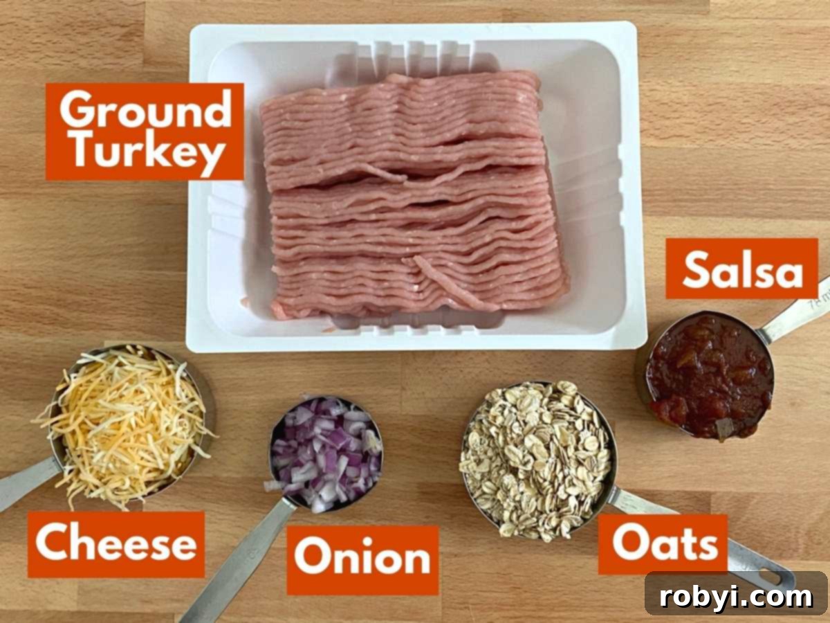 Southwest Turkey Meatloaf Muffins 3 Collage of ingredients to make turkey meatloaf muffins: ground turkey, shredded cheese, diced onion, old-fashioned oatmeal, and a jar of salsa.