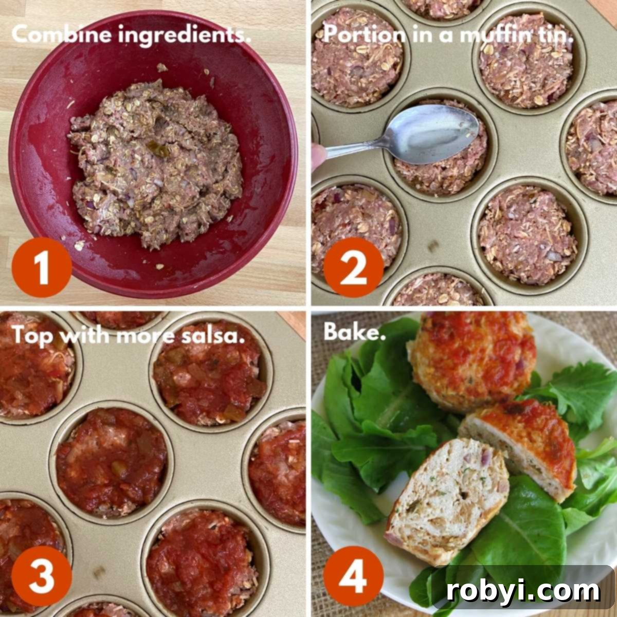 Southwest Turkey Meatloaf Muffins 4 Numbered collage of pictures showing the steps to make turkey meatloaf muffins: 1) Bowl with mixed ingredients, 2) meat mixture portioned into muffin tin, 3) salsa spooned on top of the mixture, 4) a cooked meatloaf muffin cut in half revealing the tender interior.
