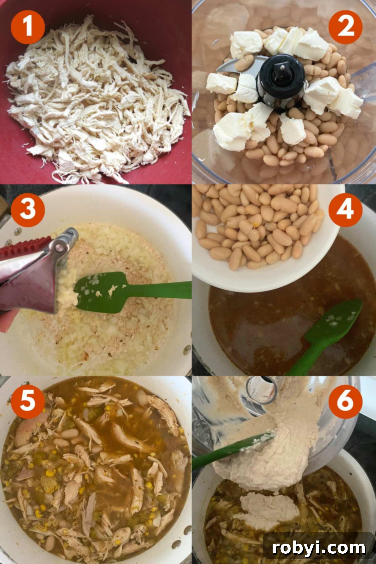 Cream Cheese Dream White Chicken Chili 4 Numbered directions to make white chicken chili: 1) Shredded chicken in bowl. 2) Cream cheese and beans in a food processor. 3) Onion, garlic, and spices ina pot. 4) Beans being added to pot. 5) Ingredients in pot. 6) Cream cheese and bean mixture being added to pot.