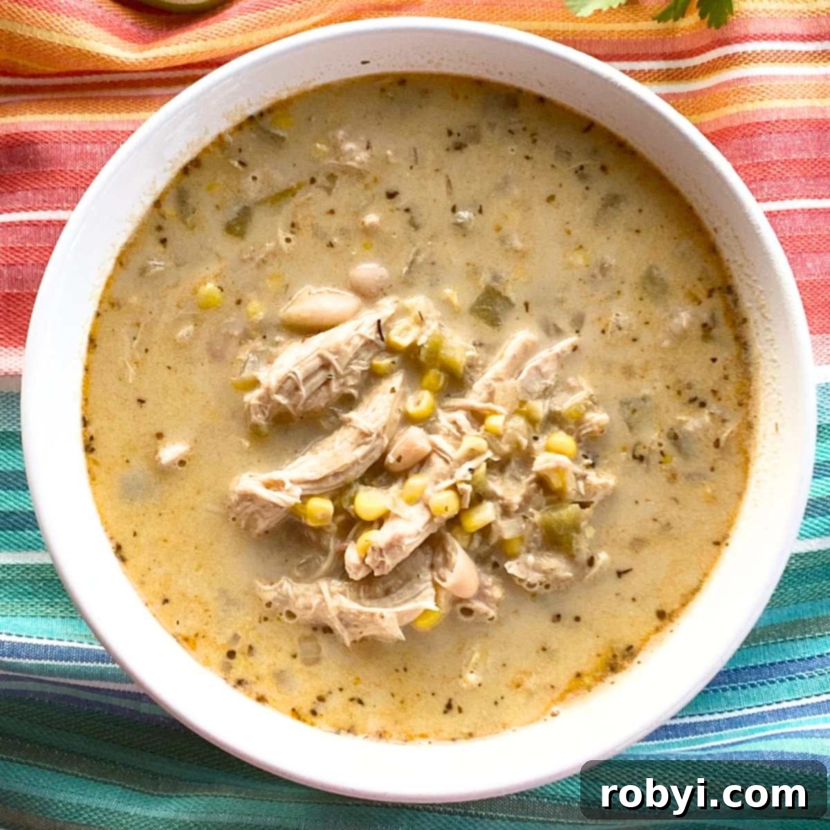 Cream Cheese Dream White Chicken Chili 5 White Cream Cheese Chicken Chili in a bowl before any toppings have been added.