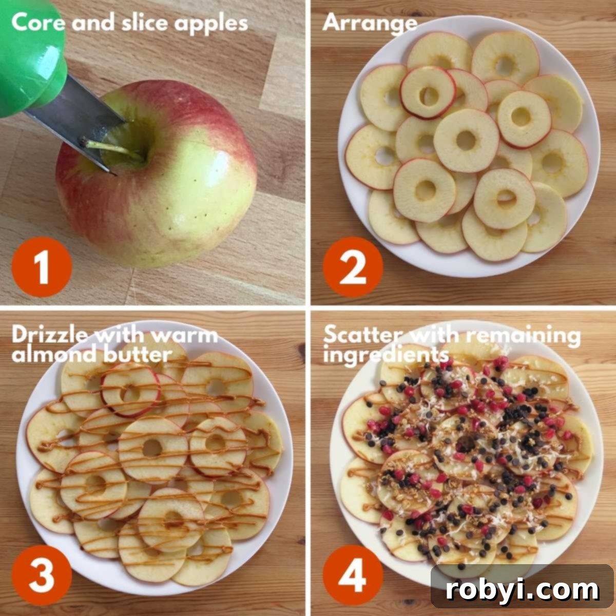 Wholesome Apple Nachos 3 Numbered collage of directions to make nachos using apple slices.