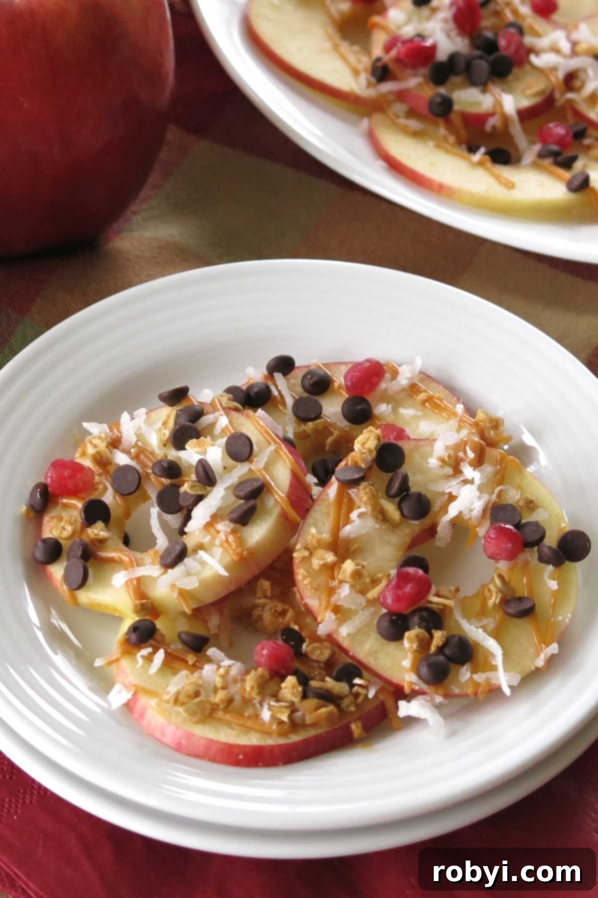 Wholesome Apple Nachos 4 A serving of loaded apple nachos drizzled with nut butter and topped with granola, chocolate chips, coconut on a plate.