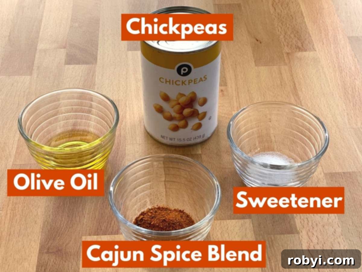 Labeled ingredients needed to make spicy roasted chickpeas.