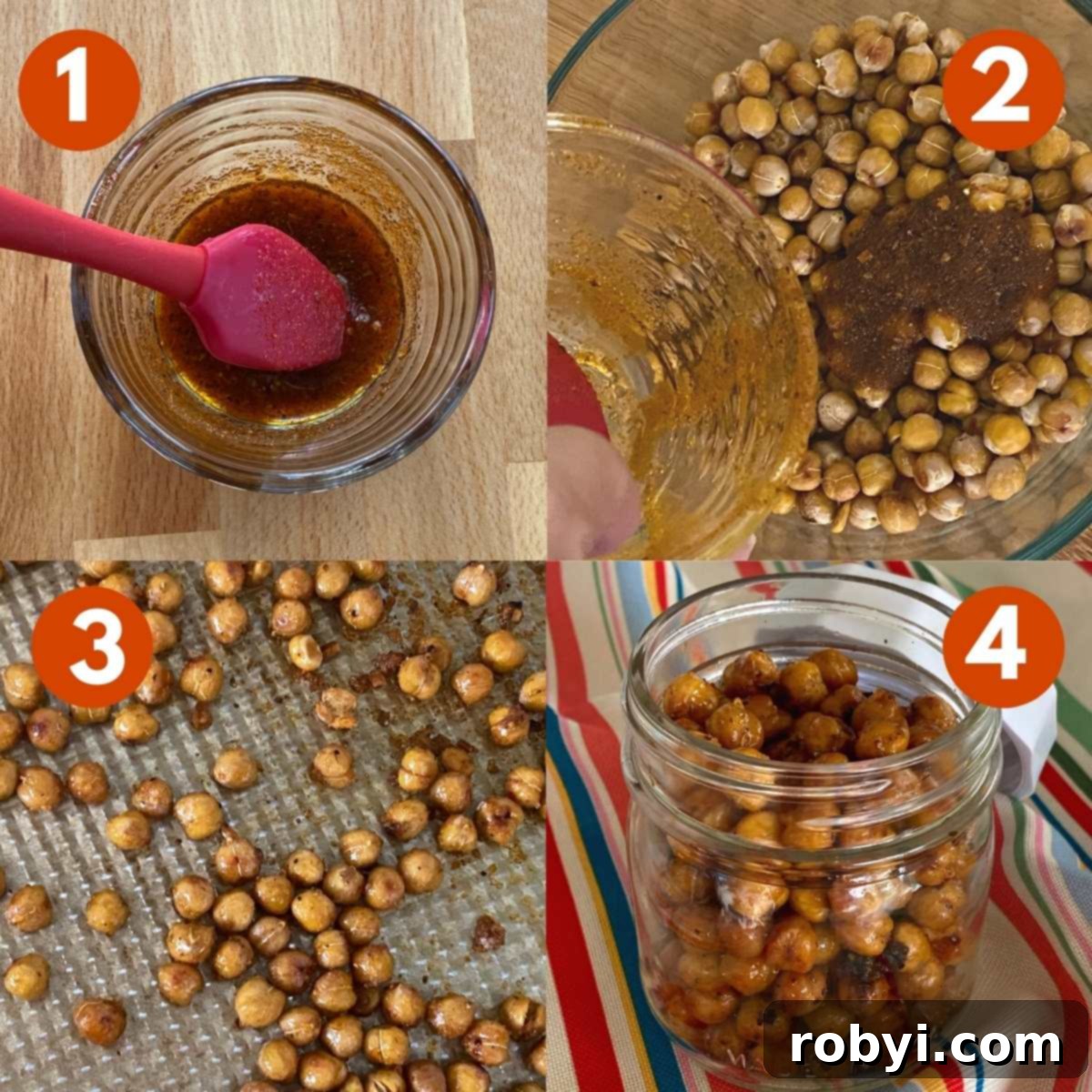 Numbered steps to glaze chickpeas for roasting.
