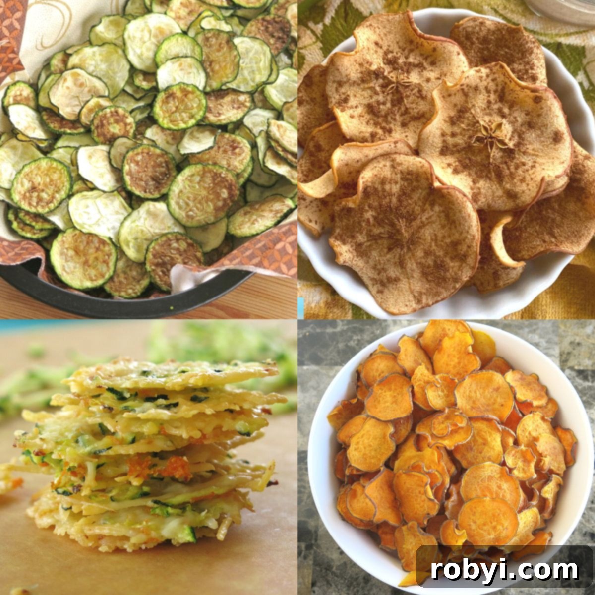 Picture collage of healthy potato chip alternatives - sweet potato chips, zucchini chips, parmesan cheese crisps and apple chips.