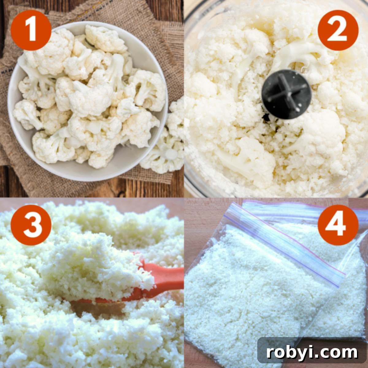 Collage of steps to rice cauliflower: cauliflower florets in a bowl, partially riced cauliflower in a food processor, spoon lifting riced cauliflower out of a bowl, riced cauliflower in two plastic bags ready for storage.