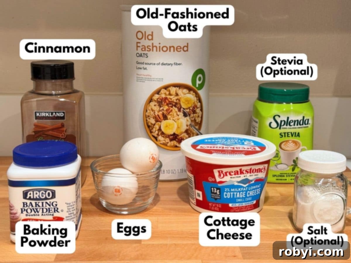 Ingredients for cottage cheese oat pancakes: oats, cottage cheese, eggs, baking powder, cinnamon